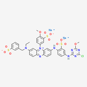 molecular formula C38H31ClN8Na2O11S3 B12766396 Dihydrogen 3-((4-((4-chloro-6-methoxy-1,3,5-triazin-2-yl)amino)-2-sulphonatophenyl)amino)-7-(ethyl((3-sulphonatophenyl)methyl)amino)-5-(4-methoxy-3-sulphonatophenyl)phenazinium, disodium salt CAS No. 83929-57-1