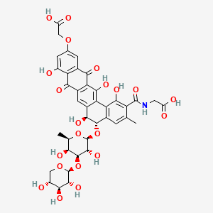 molecular formula C39H39NO21 B12766413 Glycine, N-((11-(carboxymethoxy)-5-((6-deoxy-3-O-beta-D-xylopyranosyl-beta-D-galactopyranosyl)oxy)-5,6,8,13-tetrahydro-1,6,9,14-tetrahydroxy-3-methyl-8,13-dioxobenzo(a)naphthacen-2-yl)carbonyl)-, (5S-trans)- CAS No. 153619-38-6