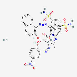 molecular formula C32H27CrN9O10S2 B12766420 Hydrogen (3-(4,5-dihydro-4-((2-hydroxy-5-nitrophenyl)azo)-3-methyl-5-oxo-1H-pyrazol-1-yl)benzenesulphonamidato(2-))(4-hydroxy-3-((2-hydroxy-1-naphthyl)azo)benzenesulphonamidato(2-))chromate(1-) CAS No. 82457-11-2