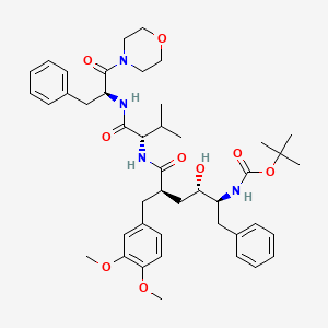 molecular formula C44H60N4O9 B12766472 Carbamic acid, (4-((3,4-dimethoxyphenyl)methyl)-2-hydroxy-5-((2-methyl-1-(((2-(4-morpholinyl)-2-oxo-1-(phenylmethyl)ethyl)amino)carbonyl)propyl)amino)-5-oxo-1-(phenylmethyl)pentyl)-, 1,1-dimethylethyl ester, (1S-(1R*,2R*,4S*,5(R*(R*))))- CAS No. 165453-87-2