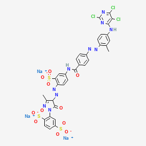 molecular formula C34H22Cl3N10Na3O11S3 B12767035 Trisodium 2-(4,5-dihydro-3-methyl-4-((4-((4-((2-methyl-4-((2,5,6-trichloropyrimidin-4-yl)amino)phenyl)azo)benzoyl)amino)-2-sulphonatophenyl)azo)-5-oxo-1H-pyrazol-1-yl)benzene-1,4-disulphonate CAS No. 89923-45-5