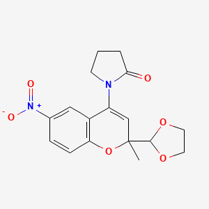 molecular formula C17H18N2O6 B12767595 2-Pyrrolidinone, 1-(2-(1,3-dioxolan-2-yl)-2-methyl-6-nitro-2H-1-benzopyran-4-yl)- CAS No. 146822-06-2