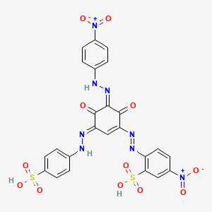 molecular formula C24H16N8O12S2 B12767619 Benzenesulfonic acid, 2-((2,4-dihydroxy-3-((4-nitrophenyl)azo)-5-((4-sulfophenyl)azo)phenyl)azo)-5-nitro- CAS No. 72139-03-8