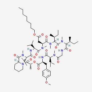 molecular formula C65H107N9O14 B12767726 L-Tyrosine, N-(N-(N-(N-(N-(N-(N-(N-((1-(2-hydroxy-1-oxopropyl)-2-piperidinyl)carbonyl)-N-methyl-L-valyl)-L-valyl)-N-methyl-L-alpha-aspartyl)-N-methyl-L-isoleucyl)-N-methyl-L-isoleucyl)glycyl)-N-methyl-L-valyl)-O-methyl-, 4-octyl ester, delta1-lactone, (R-(R*,S*))- CAS No. 129837-06-5