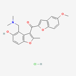 molecular formula C22H22ClNO5 B12767775 Methanone, (4-((dimethylamino)methyl)-5-hydroxy-2-methyl-3-benzofuranyl)(5-methoxy-2-benzofuranyl)-, hydrochloride CAS No. 132993-99-8