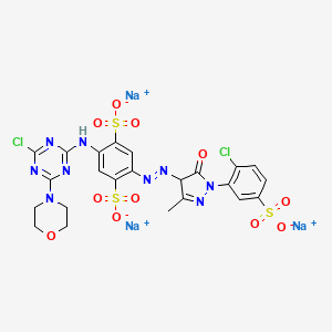molecular formula C23H18Cl2N9Na3O11S3 B12767855 Trisodium 2-((4-chloro-6-morpholino-1,3,5-triazin-2-yl)amino)-5-((1-(2-chloro-5-sulphonatophenyl)-4,5-dihydro-3-methyl-5-oxo-1H-pyrazol-4-yl)azo)benzene-1,4-disulphonate CAS No. 90677-59-1