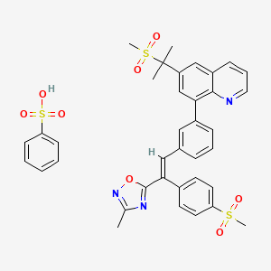molecular formula C37H35N3O8S3 B12768075 benzenesulfonic acid;3-methyl-5-[(E)-1-(4-methylsulfonylphenyl)-2-[3-[6-(2-methylsulfonylpropan-2-yl)quinolin-8-yl]phenyl]ethenyl]-1,2,4-oxadiazole CAS No. 346630-09-9