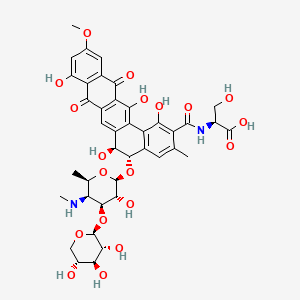 molecular formula C40H44N2O19 B12768181 L-Serine, N-((5-((4,6-dideoxy-4-(methylamino)-3-O-beta-D-xylopyranosyl-beta-D-galactopyranosyl)oxy)-5,6,8,13-tetrahydro-1,6,9,14-tetrahydroxy-11-methoxy-3-methyl-8,13-dioxobenzo(a)naphthacen-2-yl)carbonyl)-, (5S-trans)- CAS No. 148763-62-6