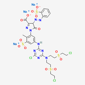 molecular formula C28H27Cl3N9Na3O13S4 B12768221 Trisodium 1-(5-((4-(bis(2-((2-chloroethyl)sulphonyl)ethyl)amino)-6-chloro-1,3,5-triazin-2-yl)amino)-2-methyl-3-sulphonatophenyl)-4,5-dihydro-5-oxo-4-((2-sulphonatophenyl)azo)-1H-pyrazole-3-carboxylate CAS No. 94021-10-0