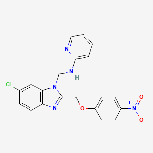 molecular formula C20H16ClN5O3 B12768487 Benzimidazole, 6-chloro-2-((p-nitrophenoxy)methyl)-1-((2-pyridylamino)methyl)- CAS No. 84138-27-2