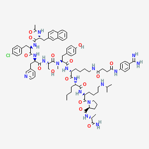 molecular formula C85H112ClN17O15 B12768506 D-Alaninamide, N-acetyl-3-(2-naphthalenyl)-D-alanyl-4-chloro-D-phenylalanyl-3-(3-pyridinyl)-D-alanyl-L-seryl-N-methyl-L-tyrosyl-N6-(4-((4-(aminoiminomethyl)phenyl)amino)-1,4-dioxobutyl)-D-lysyl-L-norleucyl-N6-(1-methylethyl)-L-lysyl-L-prolyl- CAS No. 362588-64-5