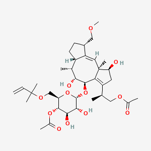 molecular formula C36H56O12 B12768842 alpha-D-Glucopyranoside, (1S,4R,5R,6R,6aS,9S,10aR)-3-((1S)-2-(acetyloxy)-1-methylethyl)-1,2,4,5,6,6a,7,8,9,10a-decahydro-1,5-dihydroxy-9-(methoxymethyl)-6,10a-dimethyldicyclopenta(a,d)cycloocten-4-yl 6-O-(1,1-dimethyl-2-propenyl)-, 4-acetate CAS No. 28225-14-1