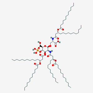 molecular formula C87H163N2O19P B12769091 Dodecanoic acid, (1R)-1-(2-(((1S)-1-carboxy-2-((2-deoxy-3-O-((3R)-1-oxo-3-((1-oxododecyl)oxy)tetradecyl)-2-(((3R)-1-oxo-3-((1-oxododecyl)oxy)tetradecyl)amino)-4-O-phosphono-beta-D-glucopyranosyl)oxy)ethyl)amino)-2-oxoethyl)dodecyl ester CAS No. 216013-87-5