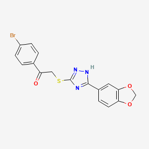 molecular formula C17H12BrN3O3S B12769222 Acetophenone, 4'-bromo-2-(5-(1,3-benzodioxol-5-yl)-s-triazol-3-yl)thio- CAS No. 140406-05-9