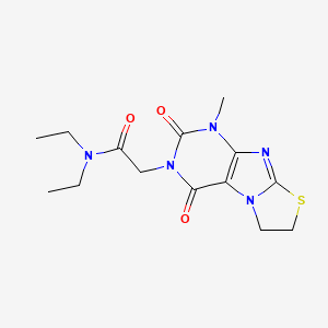 molecular formula C14H19N5O3S B12769282 Thiazolo(2,3-f)purine-3(2H)-acetamide, 1,4,6,7-tetrahydro-N,N-diethyl-2,4-dioxo-1-methyl- CAS No. 178452-85-2