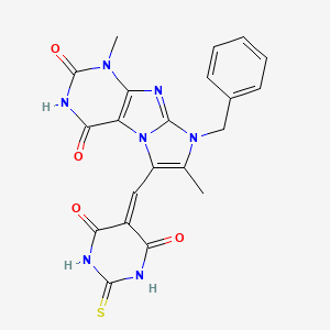 molecular formula C21H17N7O4S B12769745 1H-Imidazo(2,1-f)purine-2,4(3H,8H)-dione, 1,7-dimethyl-8-(phenylmethyl)-6-((4,6-dioxo-tetrahydro-2-thioxo-5(2H)-pyrimidinylidene)methyl)- CAS No. 91456-79-0