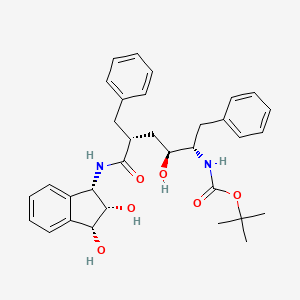 molecular formula C33H40N2O6 B12770418 Carbamic acid, ((1S,2S,4R)-5-(((1S,2S,3R)-2,3-dihydro-2,3-dihydroxy-1H-inden-1-yl)amino)-2-hydroxy-5-oxo-1,4-bis(phenylmethyl)pentyl)-, 1,1-dimethylethyl ester CAS No. 132619-53-5