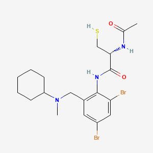 molecular formula C19H27Br2N3O2S B12770616 Propanamide, 2-(acetylamino)-N-(2,4-dibromo-6-((cyclohexylmethylamino)methyl)phenyl)-3-mercapto-, (R)- CAS No. 97290-46-5