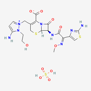 molecular formula C19H24N8O10S3 B12770661 (6R,7R)-3-[[3-amino-2-(2-hydroxyethyl)pyrazol-1-ium-1-yl]methyl]-7-[[(2Z)-2-(2-amino-1,3-thiazol-4-yl)-2-methoxyiminoacetyl]amino]-8-oxo-5-thia-1-azabicyclo[4.2.0]oct-2-ene-2-carboxylate;sulfuric acid 