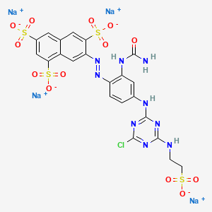 molecular formula C22H16ClN9Na4O13S4 B12770729 1,3,6-Naphthalenetrisulfonic acid, 7-((2-((aminocarbonyl)amino)-4-((4-chloro-6-((2-sulfoethyl)amino)-1,3,5-triazin-2-yl)amino)phenyl)azo)-, tetrasodium salt CAS No. 73275-64-6