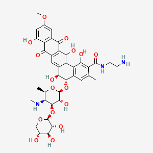 molecular formula C39H45N3O16 B12771074 Benzo(a)naphthacene-2-carboxamide, N-(2-aminoethyl)-5-((4,6-dideoxy-4-(methylamino)-3-O-beta-D-xylopyranosyl-beta-D-galactopyranosyl)oxy)-5,6,8,13-tetrahydro-1,6,9,14-tetrahydroxy-11-methoxy-3-methyl-8,13-dioxo-, (5S-trans)- CAS No. 148677-10-5