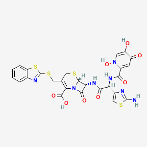 molecular formula C26H21N7O8S4 B12773453 5-Thia-1-azabicyclo(4.2.0)oct-2-ene-2-carboxylic acid, 7-(((2-amino-4-thiazolyl)(((1,4-dihydro-1,5-dihydroxy-4-oxo-2-pyridinyl)carbonyl)amino)acetyl)amino)-3-((2-benzothiazolylthio)methyl)-8-oxo-, (6R-(6-alpha,7-beta))- CAS No. 108376-04-1