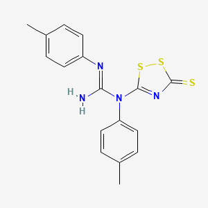 molecular formula C17H16N4S3 B12773664 Guanidine, N,N'-bis(4-methylphenyl)-N-(3-thioxo-3H-1,2,4-dithiazol-5-yl)- CAS No. 151220-53-0