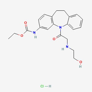 molecular formula C21H26ClN3O4 B12773680 Carbamic acid, (10,11-dihydro-5-(((2-hydroxyethyl)amino)acetyl)-5H-dibenz(b,f)azepin-3-yl)-, ethyl ester, monohydrochloride CAS No. 134068-36-3