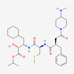 molecular formula C34H54N4O6S B12773781 Cyclohexanebutanoic acid, alpha-hydroxy-beta-((2-((4-(4-(methylamino)-1-piperidinyl)-1,4-dioxo-2-(phenylmethyl)butyl)amino)-3-(methylthio)-1-oxopropyl)amino)-, 1-methylethyl ester, (alphaR-(alphaR*,betaS*(R*(R*))))- CAS No. 172341-15-0