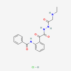 molecular formula C19H21ClN4O4 B12773854 Hydrazine, 1-((ethylamino)acetyl)-2-((o-benzamidophenyl)oxalyl)-, hydrochloride CAS No. 85080-17-7