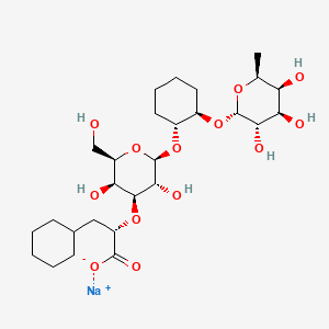 molecular formula C27H45NaO13 B12773912 beta-D-Galactopyranoside, (1R,2R)-2-((6-deoxy-alpha-L-galactopyranosyl)oxy)cyclohexyl 3-O-((1S)-1-carboxy-2-cyclohexylethyl)-, monosodium salt CAS No. 187402-86-4
