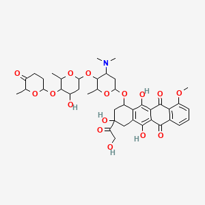 molecular formula C41H51NO16 B12773941 5,12-Naphthacenedione, 7,8,9,10-tetrahydro-8-(hydroxyacetyl)-1-methoxy-10-((2,3,6-trideoxy-4-O-(2,6-dideoxy-4-O-((2R-trans)-tetrahydro-6-methyl-5-oxo-2H-pyran-2-yl)-alpha-L-lyxo-hexopyranosyl)-3-(dimethylamino)-alpha-L-lyxo-hexopyranosyl)oxy)-6,8,11-trihydroxy-, (8S-cis)- CAS No. 81975-91-9