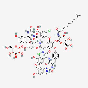 molecular formula C82H86Cl2N8O29 B12774053 Ristomycin A aglycone, 5,31-dichloro-7-demethyl-64-O-demethyl-19-deoxy-56-O-(2-deoxy-2-((9-methyl-1-oxodecyl)amino)-beta-D-glucopyranuronosyl)-42-o-alpha-D-mannopyranosyl-N15-methyl- 