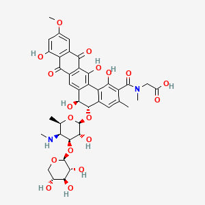 molecular formula C40H44N2O18 B12774173 Glycine, N-((5-((4,6-dideoxy-4-(methylamino)-3-O-beta-D-xylopyranosyl-beta-D-galactopyranosyl)oxy)-5,6,8,13-tetrahydro-1,6,9,14-tetrahydroxy-11-methoxy-3-methyl-8,13-dioxobenzo(a)naphthacen-2-yl)carbonyl)-N-methyl-, (5S-trans)- CAS No. 148677-06-9