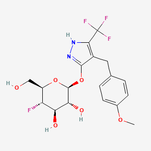 molecular formula C18H20F4N2O6 B12774210 (2S,3R,4R,5S,6R)-5-Fluoro-6-(hydroxymethyl)-2-((4-((4-methoxyphenyl)methyl)-5-(trifluoromethyl)-1H-pyrazol-3-yl)oxy)tetrahydropyran-3,4-diol CAS No. 702638-25-3