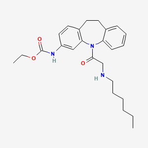 molecular formula C25H33N3O3 B12774473 Carbamic acid, (5-((hexylamino)acetyl)-10,11-dihydro-5H-dibenz(b,f)azepin-3-yl)-, ethyl ester CAS No. 134068-23-8