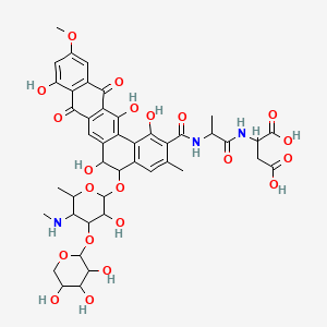molecular formula C44H49N3O21 B12774561 L-Aspartic acid, N-(N-((5-((4,6-dideoxy-4-(methylamino)-3-O-beta-D-xylopyranosyl-beta-D-galactopyranosyl)oxy)-5,6,8,13-tetrahydro-1,6,9,14-tetrahydroxy-11-methoxy-3-methyl-8,13-dioxobenzo(a)naphthacen-2-yl)carbonyl)-D-alanyl)-, (5S-trans)- CAS No. 148676-93-1