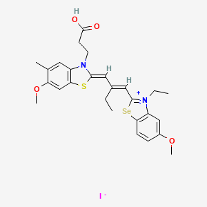 molecular formula C27H31IN2O4SSe B12774654 Benzothiazolium, 3-(2-carboxyethyl)-2-(2-((3-ethyl-5-methoxy-2(3H)-benzoselenazolylidene)methyl)-1-butenyl)-6-methoxy-5-methyl-, iodide CAS No. 70942-37-9