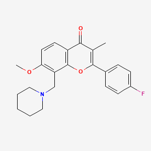 molecular formula C23H24FNO3 B12774683 Flavone, 4'-fluoro-7-methoxy-3-methyl-8-(piperidinomethyl)- CAS No. 86073-58-7