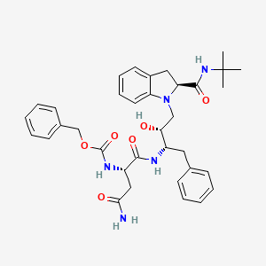 molecular formula C35H43N5O6 B12774824 Carbamic acid, ((1S)-3-amino-1-((((1S,2R)-3-((2S)-2-(((1,1-dimethylethyl)amino)carbonyl)-2,3-dihydro-1H-indol-1-yl)-2-hydroxy-1-(phenylmethyl)propyl)amino)carbonyl)-3-oxopropyl)-, phenylmethyl ester CAS No. 128111-41-1