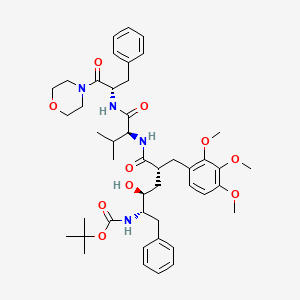 molecular formula C45H62N4O10 B12775162 Carbamic acid, (2-hydroxy-5-((2-methyl-1-(((2-(4-morpholinyl)-2-oxo-1-(phenylmethyl)ethyl)amino)carbonyl)propyl)amino)-5-oxo-1-(phenylmethyl)-4-((2,3,4-trimethoxyphenyl)methyl)pentyl)-, 1,1-dimethylethyl ester, (1S-(1R*,2R*,4S*,5(R*(R*))))- CAS No. 165453-97-4