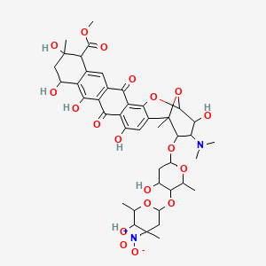 molecular formula C42H52N2O19 B12775501 Methyl 23-(dimethylamino)-4,8,10,12,22-pentahydroxy-24-[4-hydroxy-5-(5-hydroxy-4,6-dimethyl-4-nitrooxan-2-yl)oxy-6-methyloxan-2-yl]oxy-1,12-dimethyl-6,17-dioxo-20,25-dioxahexacyclo[19.3.1.02,19.05,18.07,16.09,14]pentacosa-2,4,7(16),8,14,18-hexaene-13-carboxylate CAS No. 91887-41-1