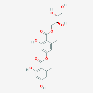 molecular formula C20H22O10 B12775594 Benzoic acid, 2,4-dihydroxy-6-methyl-, 3-hydroxy-5-methyl-4-(((2S,3R)-2,3,4-trihydroxybutoxy)carbonyl)phenyl ester CAS No. 480-57-9