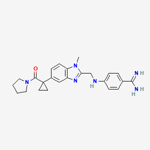 molecular formula C24H28N6O B12775750 Benzenecarboximidamide, 4-(((1-methyl-5-(1-(1-pyrrolidinylcarbonyl)cyclopropyl)-1H-benzimidazol-2-yl)methyl)amino)- CAS No. 253431-20-8