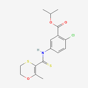 molecular formula C16H18ClNO3S2 B12775753 Benzoic acid, 2-chloro-5-(((5,6-dihydro-2-methyl-1,4-oxathiin-3-yl)thioxomethyl)amino)-, 1-methylethyl ester CAS No. 163464-34-4