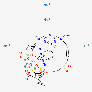 molecular formula C33H30ClCuN9Na3O15S4+3 B12775835 Trisodium hydrogen (2-((alpha-((3-((4-chloro-6-(ethyl(4-((2-(sulphooxy)ethyl)sulphonyl)phenyl)amino)-1,3,5-triazin-2-yl)amino)-2-hydroxy-5-sulphophenyl)azo)benzyl)azo)-4-sulphobenzoato(6-))cuprate(4-) CAS No. 1079350-81-4