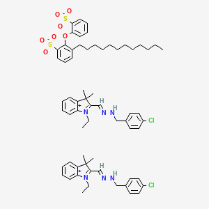 molecular formula C64H78Cl2N6O7S2 B12775868 1-(4-chlorophenyl)-N-[(E)-(1-ethyl-3,3-dimethylindol-1-ium-2-yl)methylideneamino]methanamine;3-dodecyl-2-(2-sulfonatophenoxy)benzenesulfonate CAS No. 115728-93-3