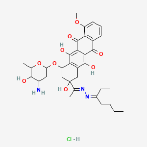 molecular formula C34H44ClN3O9 B12776576 5,12-Naphthacenedione, 7,8,9,10-tetrahydro-10-((3-amino-2,3,6-trideoxy-alpha-L-lyxo-hexopyranosyl)oxy)-8-(1-((1-ethylpentylidene)hydrazono)ethyl)-1-methoxy-6,8,11-trihydroxy-, monohydrochloride (8S-cis)- CAS No. 128948-03-8
