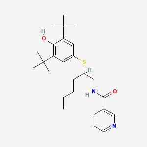 molecular formula C26H38N2O2S B12776578 N-(2-((3,5-Bis(1,1-dimethylethyl)-4-hydroxyphenyl)thio)hexyl)-3-pyridinecarboxamide CAS No. 88222-15-5