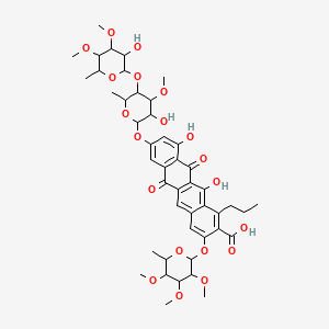 molecular formula C46H58O20 B12776767 2-Naphthacenecarboxylic acid, 8-((6-deoxy-4-O-(6-deoxy-3,4-di-O-methylhexopyranosyl)-3-O-methylhexopyranosyl)oxy)-3-((6-deoxy-2,3,4-tri-O-methylhexopyranosyl)oxy)-6,11-dihydro-10,12-dihydroxy-6,11-dioxo-1-propyl- CAS No. 205448-60-8